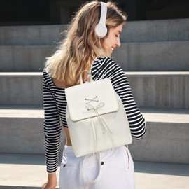 NICOLE & DORIS Small Backpacks for Women Fashion Backpack Anti-Theft Flap Backpack with Drawstring Ladies Daypacks PU Leather Mini Backpacks Handbag White