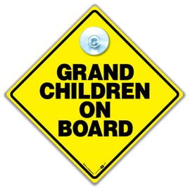 iwantthatsign.com Grand Children On Board Sign, Baby On Board Sign Style, Yellow and Black Grandchildren On Board Sign With Suction Cup Attachment