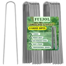 8 Gauge Landscape Staples, FUIJOL 12 Inch Heavy Duty U-Shaped Landscape Stakes, 50 Pack Galvanized Garden Staples for Weed Barrier Stakes, Ground Cover, Irrigation Tubing, Fence (50)