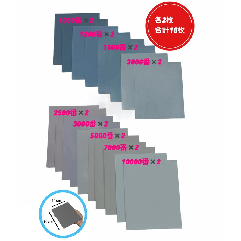 Sandpaper Mini Size, 9 Types, 2 Sheets Each, 18 Sheets