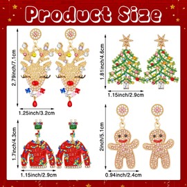 DTOFOOT 4 Pairs Christmas Enamel Earrings for Women Christmas Sparkly Crystal Stud Earrings Beaded Xmas Gingerbread Man Christmas Tree Reindeer Sweater Drop Dangle Earrings Set for Party Earrings