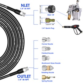 100FT Sewer Jetter Kit for Pressure Washer, 5800PSI Drain Cleaner Hose 1/4 Inch NPT Corner, Rotating Button Nose Sewer Jetting Drain Jetter Hose Nozzle Pearl Corsage Pin Spanners, Black