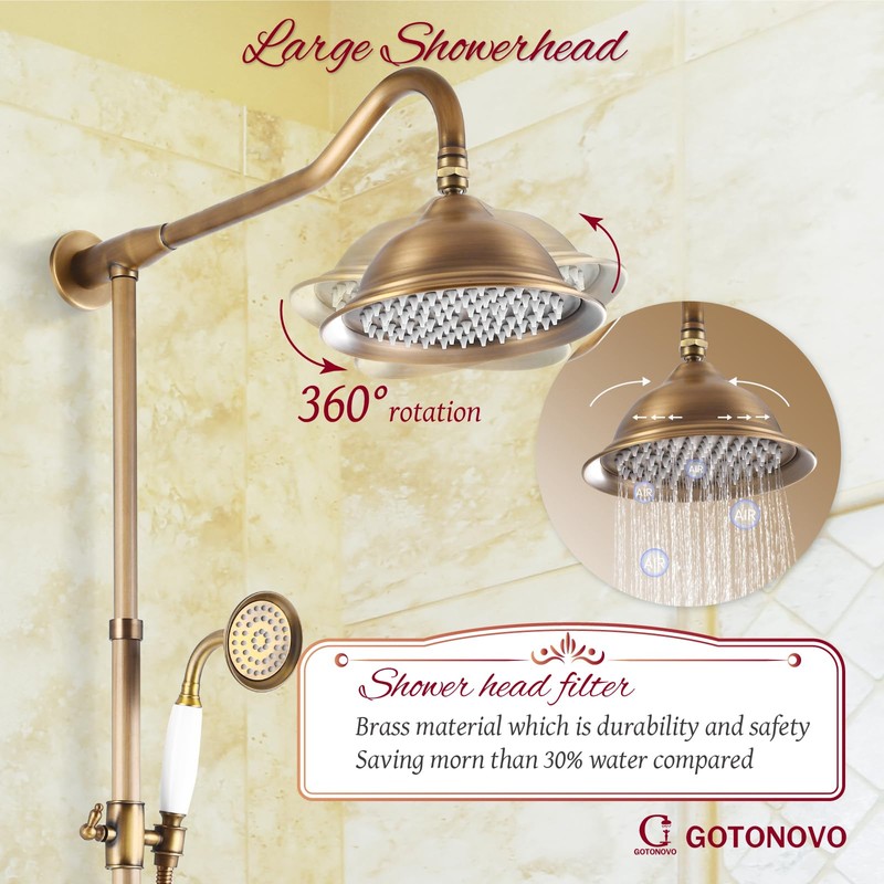 Gotonovo Exposed Antique Brass Shower System Set - 8" Rain