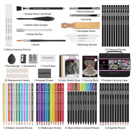 HIFORNY 100 PCS Drawing & Sketching Set, Professional Art Supplies with Graphite,Charcoal, Colored,Watercolor,Metallic Pencils,Blending Tools,Sketchbook and Coloring Book in Zipper Case (Black)