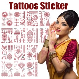14 Sheets Brown Tattoos Sticker,Lotus Mandala Flower Temporary Tattoos,Waterproof Fake Tattoos Temporary Tattoo Kits For Women Girls(Neck Chest Arm）