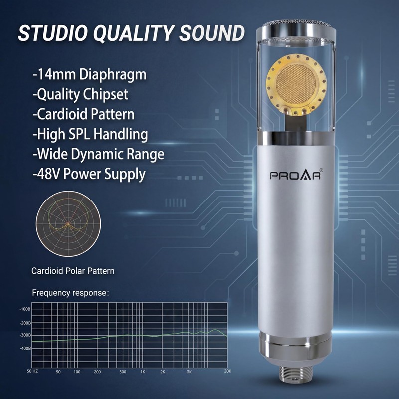 PROAR Studio Microphone, Professional Cardioid XLR Condenser Recording Mic Voice