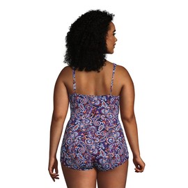 Lands' End Womens Slender V-Neck Tunic One Piece Swimsuit Deep Sea Navy Retro Paisley DDD-Cup Plus 24w