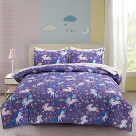 Btargot 5Pcs Purple Floral Unicorn Bedding Set for Girls Kids, Twin Size Rainbow Flower Unicorn Comforter Set, Bed in a Bag with Comforter, Sheets and Pillowcases