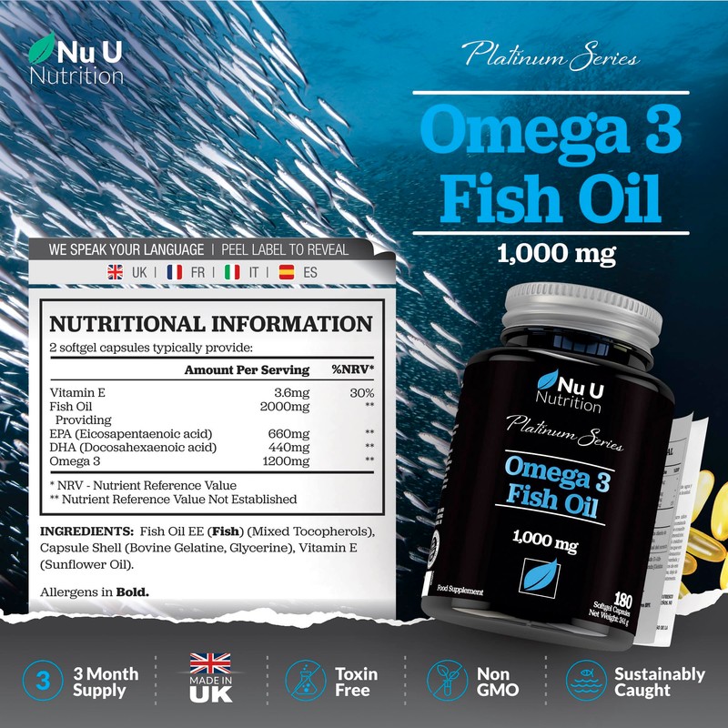 Omega 3 Fish Oil 1000mg - 180 Softgel Capsules -