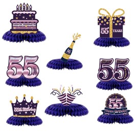 Happy 55th Birthday Honeycomb Centerpieces 55th Birthday Decor Purple Golden Table Toppers Cheers to 55 Years Table Decorations for Woman Man Anniversary Fifty-Five Years Birthday Party Favors