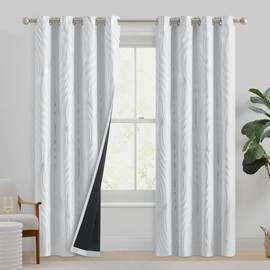 Xwincel 100% Blackout Curtains White and Silver Foil Pattern Curtains 84 Inch Length for Living Room Metallic Silver Wave Print Drapes for Bedroom Thermal Insulated Grommet Window Curtains 2 Panel Set