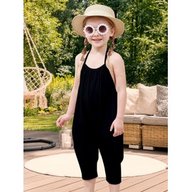 RAISEVERN Baby Girl Jumpsuit Halter Toddler Black Romper Summer Sleeveless Strap Plain Pants Newborn Jumpers Beach Hawaiian Overalls Clothes with Pocket 1-2T