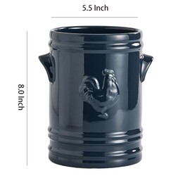 WAIT FLY Embossed Rooster Porcelain Kitchen Utensil Holder Flatware Storage Organizer Utensil Crock for Countertop Kitchen Counter Decor-Blue