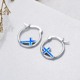 Twoowl Cross Earrings 925 Sterling Silver Cross Hoop Earrings Blue Opal Earrings Religion Earrings Cross Jewellery Gifts birthday Christmas for Women Girls Mom Sister