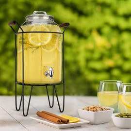 3 Gallon Glass Ice Cold Beverage Dispenser - With Glass Lid and Handle Drink Dispenser With Metal Stand, 100% Leak Proof Spigot- Wide Mouth Easy Filling For Outdoor, Parties & Daily Use
