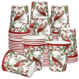 JarThenaAMCS 100Pcs Christmas Paper Cups Watercolor Cardinal Berry Disposable Cups Xmas Red Cardinal Bird Party Cups for Cold Hot Beverage Table Decor Supplies, 9 Oz