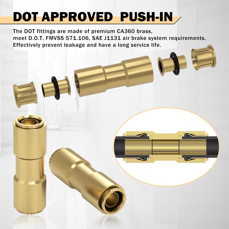 CheeMuii 6 PCS 3/8 Brass DOT Air Line Fitting Straight