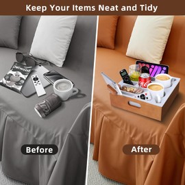 Couch Cup Holder, Couch Caddy with Rotatable Phone Holder, Wooden Sofa Cup Holder with Carrying Handle for Bed Car Beach Organizer, Anti-Spill Sofa Cup Holder for Snacks Beverage Remote (Brown)