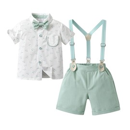 Volunboy Toddler Short Suspenders Outfits Baby Boys Summer Gentleman Suits Wedding Ring Bearer Bowtie Dressy Suits (Lightgreen, 3-4T)