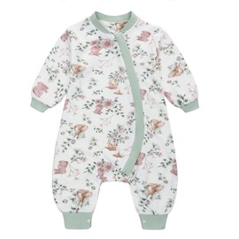 Baby Sleeping Bag with Feet, 1 Tog, Long Sleeve Baby Sleeping Bag, Children's Sleeping Bag, Cotton Pyjamas for Boys and Girls (Green, L/90), Green