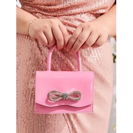 QWINEE Women's Glitter Rhinestone Bow Decor Clutch Purse Prom Bags Sparkle Mini Square Handbags Pink one-size