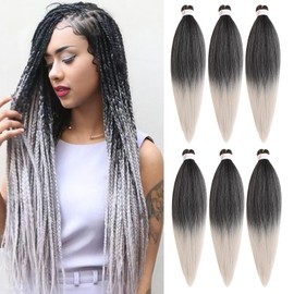 Samtress 24 Inch Ombre Silver Pre Stretched Braiding Hair 6 Packs Soft Yaki Texture EZ Braid Hot Water Setting Professional Kanekalon Synthetic Fiber Braiding Hair for Crochet Braids (#1B/SILVER)