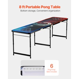 VEVOR 8 Foot Portable Pong Table, LED Lights, Foldable Tailgate Table with Carrying Handles and 6 Pong Balls, Adjustable Height, Lightweight Table for Office, Tailgate Party, Travel & Camping