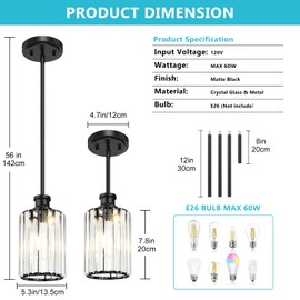 Onwecen Black Pendant Light, Modern Crystal Pendant Lights, Kitchen Island Lighting with Adjustable Height, Island Lights for Kitchen Dining Room Bedroom Hallway 3-Pack