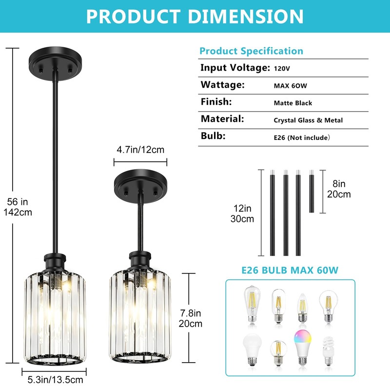 Onwecen Black Pendant Light, Modern Crystal Pendant Lights, Kitchen Island