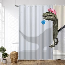 tapHome Funny Dinosaur Shower Curtain Set for Bathroom, White Fun Kids Fabric Animal Bathtub Curtains, Cool Cute Unique Raptor Accessories Decor, Polyester Waterproof Durable with 12 Hooks, 72x72