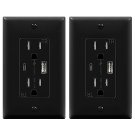 TOPGREENER 2-Port USB Outlet, Type C USB Wall Charger Outlet, 15 Amp TR Receptacle Plug, Charging Power Outlet with USB Ports, Electrical USB Socket, UL Listed, TU21536AC-BK-2PCS, Black, 2 Pack