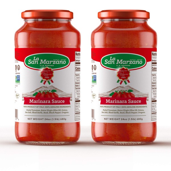 Marinara Pasta Sauce 100% Product of Italy 24 Ounce Jars - 100% Genuine Ingredients With San Marzano Tomatoes (Pack of 2)