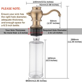 RANDOM Built in Sink Soap Dispenser for Kitchen Sink,Brushed Gold Solid Brass Pump Head with Soap Dispenser Extension Tube Kit and 11 Ounce Large PET Liquid Soap Bottle.RD84038BG