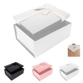 Gift Box with Lid, 33 x 25 x 12.5 cm, White Gift Box with Greeting Cards, Gift Box, Gift Box for Father's Day, Mother's Day, Christmas, Easter, Valentine's Day, Birthdays and More