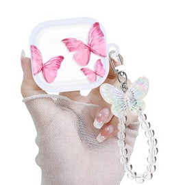 Newseego Clear Case Compatible with AirPods 4th Generation Cute Butterfly Print Pattern with Keychain for Girls Women Full Body Shockproof Charging Pod Protective Cover for AirPods 4 Gen-Pink