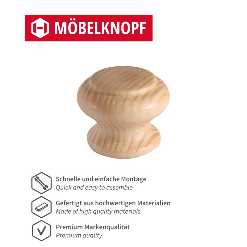 Gedotec Giovanni Wooden Furniture Knobs, Diameter: 35 mm, Pack of