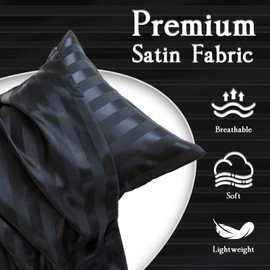 LIFCOM Satin Pillowcase for Hair and Skin,King Striped Black 20x36 Inches Set of 2，Similar to Silk,Silky Feel Satin Pillow Covers 2 Pack with Envelope Closure(20"×36", Striped Black)