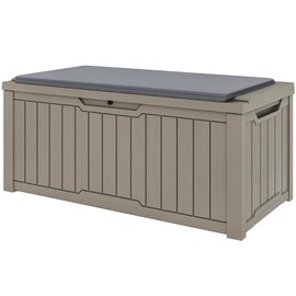 GOOBED 120-Gallon Deck Box with Cushion, Waterproof Outdoor Storage Chest for Garden Tools, Pool Supplies, and Sports Gear, Lockable Lid, Multi-Purpose Bench or Table, Easy Assembly (Taupe)