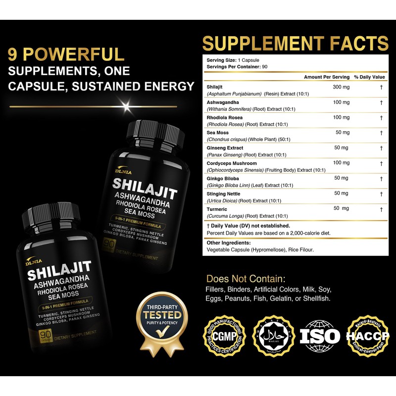 DLNIA Shilajit 9-in-1 Capsules – Organic Himalayan Complex with Ashwagandha,