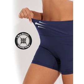 Lecieldusoir - Pantalones cortos de natación de 3 pulgadas para mujer, cintura alta, pantalones cortos fruncidos laterales, Azul marino, M