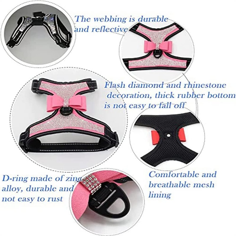 Rhinestone Dog Harness Bowtie,Reflective Cute Bling Sparkling Soft Diamonds Cat
