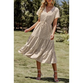 PRETTYGARDEN Floral Dress for Women 2025 Summer Casual Short Sleeve Maxi Dresses V Neck Tiered Flowy Boho Beach Sundress(Apricot Leopard,Medium)