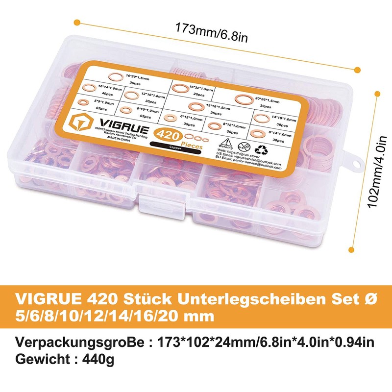 VIGRUE Set of 420 Copper Sealing Rings Assortment, Washers Copper