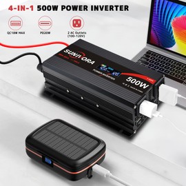 Sunivora 500 Watt Inverter with LCD Display 12V DC to 110V/120V AC 1000 Watt(Peak) Car Power Inverter with 2 AC Outlets 20W PD USB-C and 18W QC USB-A Power Converter for Car, Laptops, Road Trip