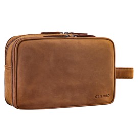 STILORD 'Catania' Large Travel Toiletry Bag Leather Men Women Toiletry Bag Chic Cosmetic Bag Beauty Case Bathroom Bag Toiletry Bag Leather Wash Bag Genuine Leather Wash Bag, Tan - dark brown.,