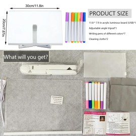 LED Note Board with Colors - Acrylic Dry Erase Board with Light - Glowing Acrylic Message Marker Board - LED Drawing Board for Kids with Stand and 7 PCS Color Pen (11.8 * 7.9in)