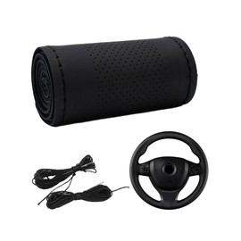 Dickno Car Steering Wheel Cover, Anti-Slip Stitch on Wrap Steering Wheel Protector for Max Diameter 15 Inch, DIY Sewing with Needle Thread, Universal Auto Accessories (Black, Middle Hole)