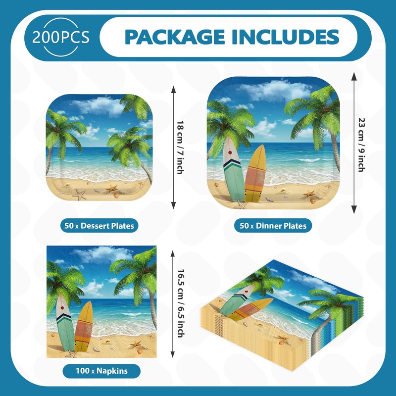 200Pcs Summer Beach Party Supplies Tropical Ocean Plates and Napkins