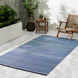 Fab Habitat Striped Outdoor Rug - Waterproof, Fade Resistant, Crease-Free, Reversible - Premium Recycled Plastic - Patio Porch Balcony Deck - Cancun Indigo - 8x10 ft