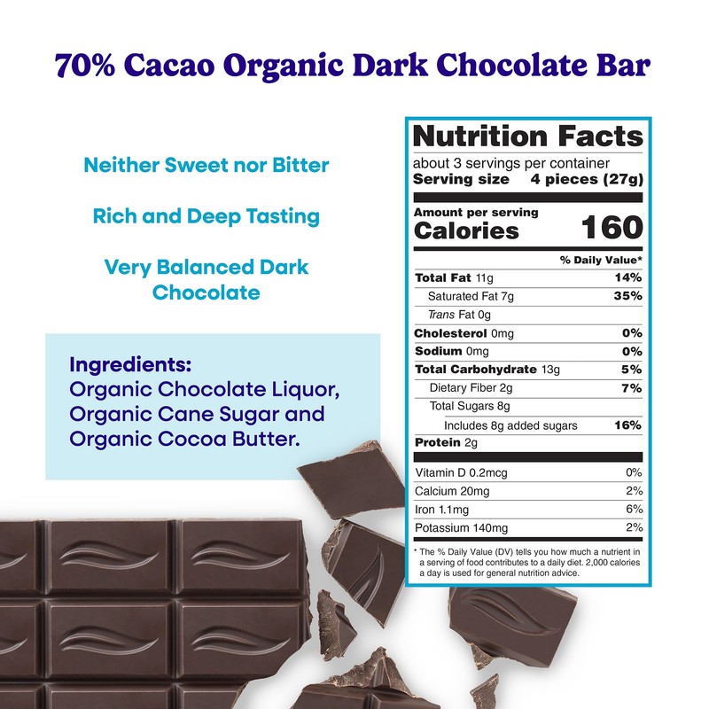 Pascha Organic Dark Chocolate Bars 70% Cacao, Gluten Free, Non
